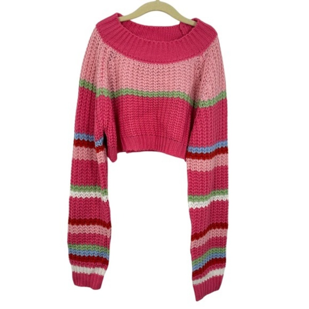 Cotton Emporium Striped Cropped Sweater Pink Green Blue Red White Women's Size M